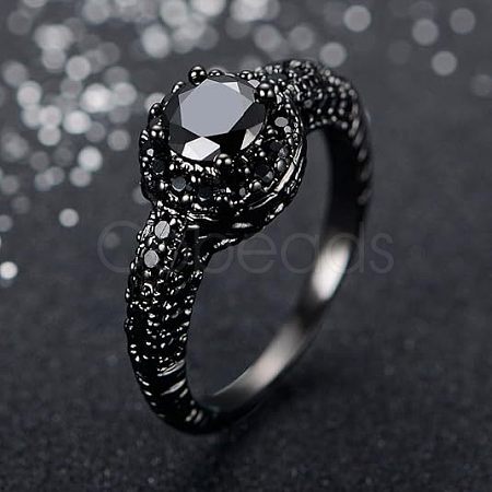 Flat Round Brass Jet Rhinestone Finger Rings FS-WG232E0-01-1