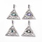 Natural Shell Pendants, Triangle Charms with Evil Eye, Dyed, with Rack Plating Platinum Tone Brass Findings, Long-Lasting Plated, Mixed Color, 32x32.5x5.5mm, Hole: 6x4mm