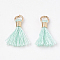 Polycotton(Polyester Cotton) Tassel Pendant Decorations, Mini Tassel, with Brass Findings, Light Gold, Aquamarine, 10~15x3~4mm, Hole: 2mm