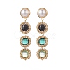 Glass Rectangle Beaded Long Dangle Stud Earrings with Imitation Pearl EJEW-TA00141-01-1