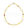 Natural Baroque Keshi Pearl Stick & Natural Amber Round Rhombus Beaded Necklaces with OT Clasps for Women NJEW-JN06088-3
