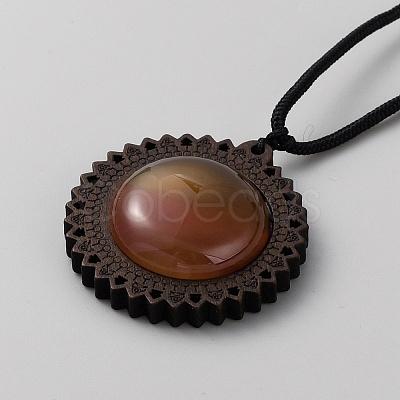 Natural Carnelian & Wood Flower Pendant Necklace with Adjustable Nylon Cords NJEW-WH0002-118B-1