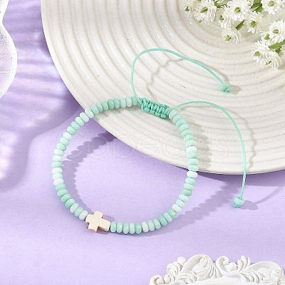 Adjustable Dyed Synthetic Turquoise Religion Cross & Ombre Effect Dyed Glass Rondelle Braided Bead Bracelets BJEW-JB14309-01-1