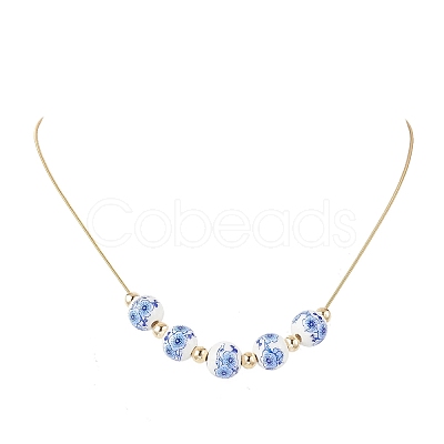 Handmade Flower Printed Porcelain Round Beaded 304 Stainless Steel Snake Chain Necklaces NJEW-JN05361-1