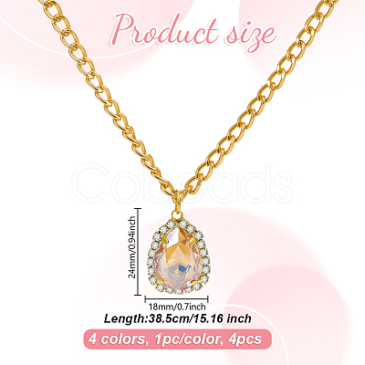 4Pcs 4 Colors Brass Rhinestone Teardrop Pendant Aluminum Chain Necklaces for Women NJEW-HY0001-33-1