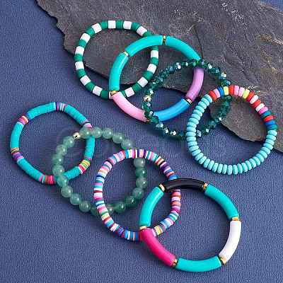 8Pcs 6 Style Synthetic Imperial Jasper & GLass Beaded Stretch Bracelets Set BJEW-SW00086-05-1