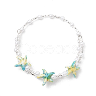 Starfish Synthetic Turquoise & Imitated Pearl Acrylic & Glass Twisted Bugle Beaded Bracelets for Women BJEW-JB11850-1