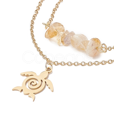 Natural Citrine Chips Beaded & Turtle Charms Double Layer Multi-strand Bracelet AJEW-AN00511-05-1