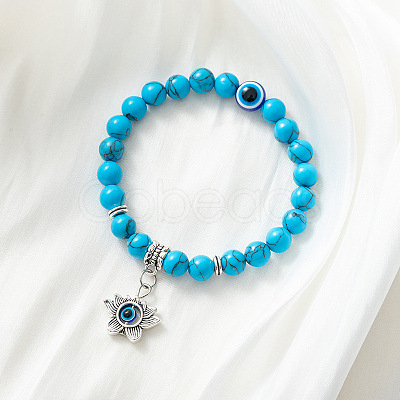 Synthetic Turquoise Stretch Bracelet with Evil Eye Charms SM1499-5-1