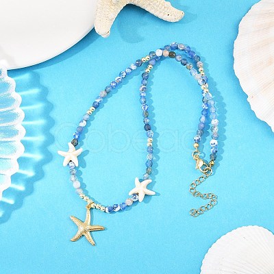 Synthetic Turquoise & Dyed Natural Agate Faceted Round Beaded Starfish 304 Stainless Steel Pendant Necklaces for Women NJEW-JN05458-02-1