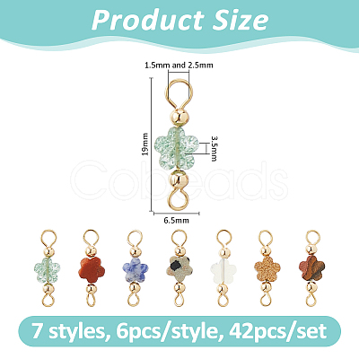 42Pcs 7 Styles Opalite & Natural Picture Jaspe & Blue Spot Jasper & Dalmatian Jasper & Unakite & Green Strawberry Quartz & Red Jasper Flower Connector Charms PALLOY-FH00163-1
