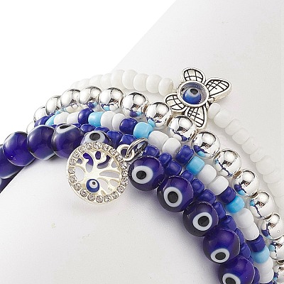 5Pcs 5 Style Evil Eye Lampwork & Glass Beaded Stretch Bracelets Set BJEW-JB09119-1