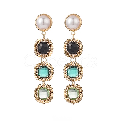Glass Rectangle Beaded Long Dangle Stud Earrings with Imitation Pearl EJEW-TA00141-01-1