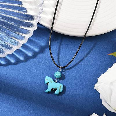 Dyed Synthetic Turquoise Horse Pendant Black Waxed Cord Necklaces NJEW-JN05430-01-1