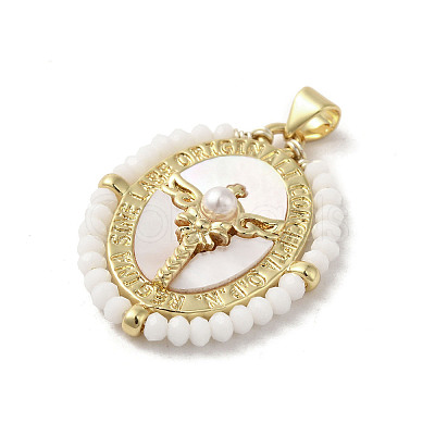 Brass Pave Shell Pendants KK-I708-01-G-1