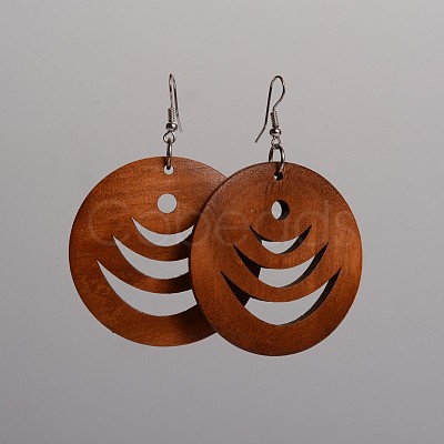 Flat Round Hollow Wood Dangle Earrings EJEW-F0090-03F-1