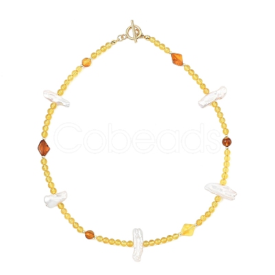 Natural Baroque Keshi Pearl Stick & Natural Amber Round Rhombus Beaded Necklaces with OT Clasps for Women NJEW-JN06088-1