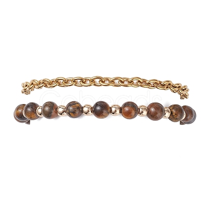 2Pcs 2 Styles Round Natural Grade AB Tiger Eye & Synthetic Hematite Beaded Bracelets & 304 Stainless Steel Cable Chains Bracelets for Women BJEW-JB12800-01-1