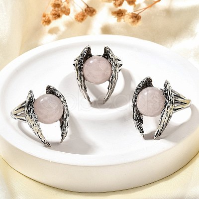 Natural Rose Quartz Wings Adjustable Rings RJEW-K241-04AS-13-1