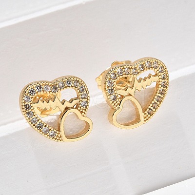 Valentine's Day Heart Brass Micro Pave Clear Cubic Zirconia Stud Earrings EJEW-D305-22G-02-1