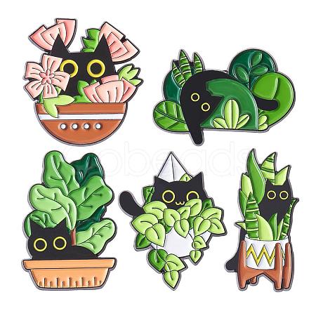 5 Pcs Cat Brooche Pins Set Enamel Lapel Pins Cute Black Cat Plants Enamel Brooche Pins Set Cartoon Animal Pins Badges Clothing Bags Jackets for Women JBR114A-1