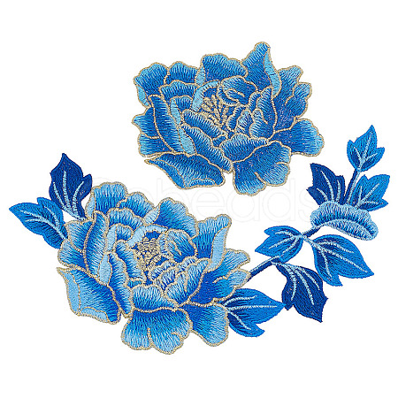 2Pcs 2 Style Peony Polyester Embroidery Sew on Clothing Patches PATC-NB0001-11B-1