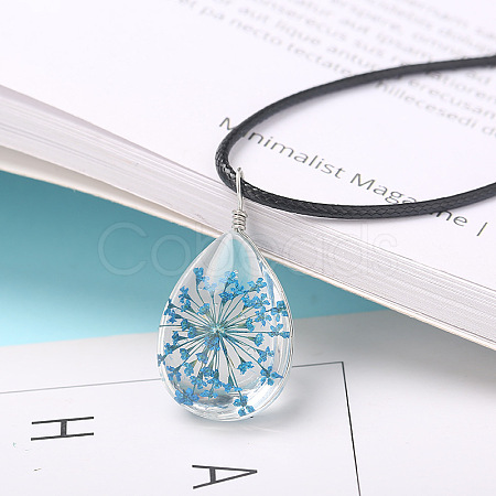 Transparent Glass Inner Dried Flower Teardrop Pendant Black Waxed Cord Necklaces WG346B2-02-1