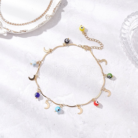 Handmade Evil Eye Lampwork & Stainless Steel Moon Tassel 304 Stainless Steel Curved Bar Link Chain Anklets for Women AJEW-AN00742-01-1