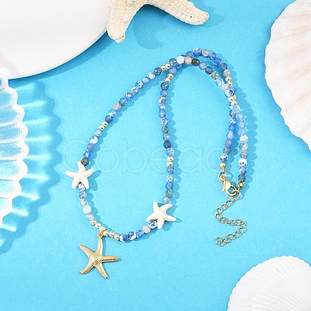 Synthetic Turquoise & Dyed Natural Agate Faceted Round Beaded Starfish 304 Stainless Steel Pendant Necklaces for Women NJEW-JN05458-02-1