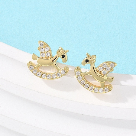 Brass Micro Pave Clear Cubic Zirconia Hobbyhorse Stud Earrings EJEW-F400-06G-1