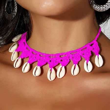 Bohemian Handmade Woven Polyester Cord Natural Cowrie Shell Tassel Choker Necklaces for Women FS-WGB5F2D-09-1