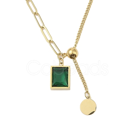 304 Stainless Steel Pave Green Cubic Zirconia Rectangle Pendant Necklaces LS-NJEW-N055-13G-1