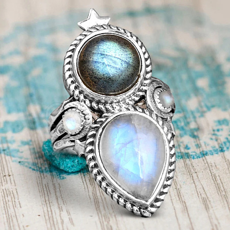 Teardrop & Oval Bohemian Style Zinc Alloy with Resin Imitation Moonstone/Rhinestone Finger Rings FS-WGFB6C4-03-1