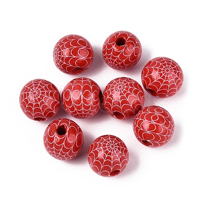 Halloween Printed Spider Webs Colored Wood European Beads WOOD-K007-04E-1