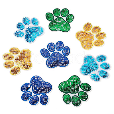 12Pcs 4 Colors Pawprint Polyester & Sequin Cloth Iron on Sew on Patches PATC-TA0001-63-1