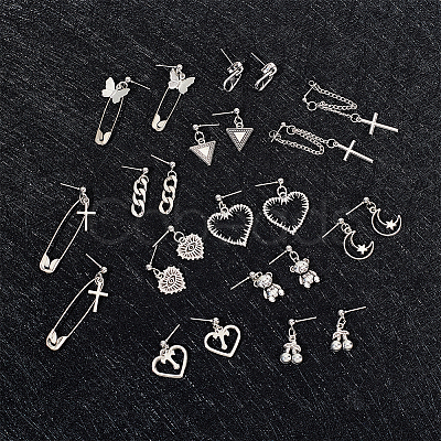12 Pairs 12 Styles Cherry & Triangle & Eye & Bear & Zipper Buckle Alloy Dangle Stud Earrings for Women EJEW-AN0003-10-1