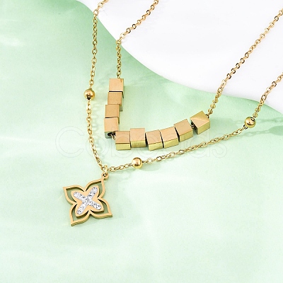 304 Stainless Steel Crystal Rhinestone Flower Pendant Double Layer Necklaces NJEW-R026-07G-1
