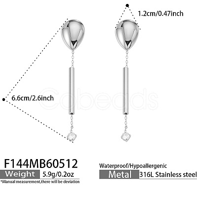 316L Surgical Stainless Steel & Clear Cubic Zirconia Stud Dangle Earrings WG6479C-02-1