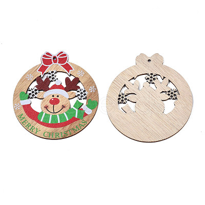 Christmas Theme Single-Sided Printed Wood Big Pendants WOOD-N005-61-1