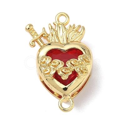Brass with Glass Dark Red Sacred Heart Connector Charms KK-L253-27G-03-1