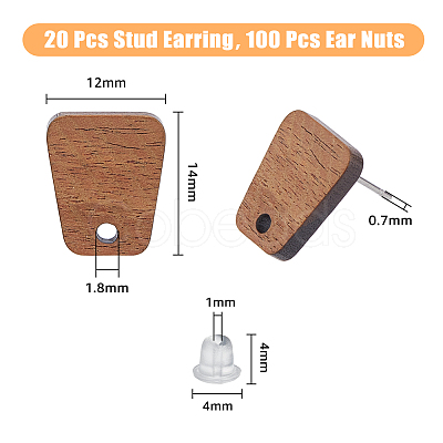 20 Pairs Trapezoid Walnut Wood Stud Earring Findings MAK-HY0001-04-1
