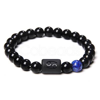 12 Constellations Protetion Natural Lapis Lazuli & Black ObsidianRound Beads Stretch Bracelets for Men Women WG083ED-07-1