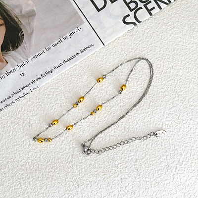 Two Tone 304 Stainless Steel Oval Bead Curb Chain Necklaces for Women WG4ACFD-01-1