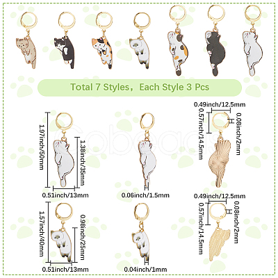 21Pcs 7 Styles Cat Alloy Enamel Pendant Locking Stitch Markers HJEW-SC00113-1