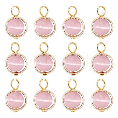 12Pcs Brass & Glass Imitation Cat Eye Round Charms PALLOY-TAC0237-04-1