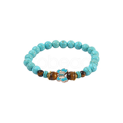 Synthetic Turquoise & Natural Tiger Eye Round Beaded Stretch Bracelets FS-WGB9D7B-05-1