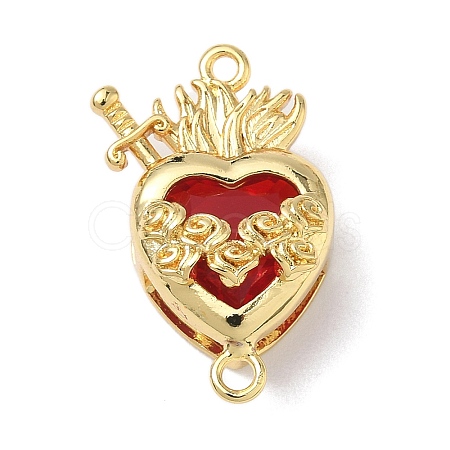 Brass with Glass Dark Red Sacred Heart Connector Charms KK-L253-27G-03-1