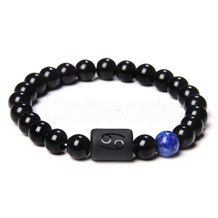 12 Constellations Protetion Natural Lapis Lazuli & Black ObsidianRound Beads Stretch Bracelets for Men Women WG083ED-07-1