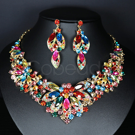 Flower Alloy Glass Rhinestone Pendant Necklace & Stud Dangle Earring Sets FS-WG74144-04-1