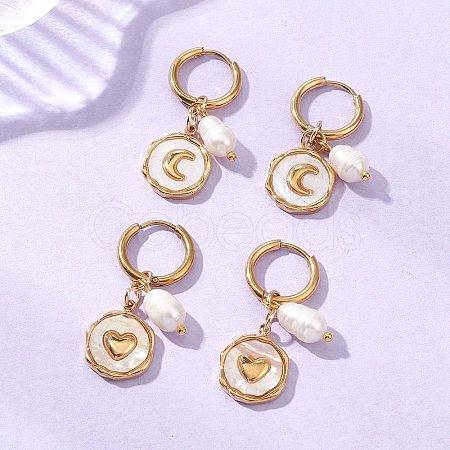 2 Pairs 2 Styles 304 Stainless Steel & Natural Shell Hoop Earrings EJEW-JE06946-1